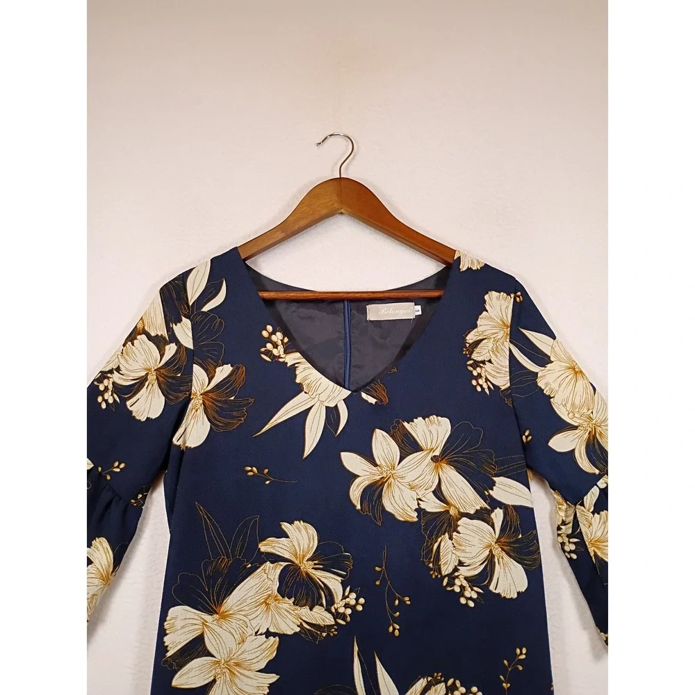 Boho Floral Belongsci Womens Small Navy Blue Tiered Bell Sleeve Shift Dress
